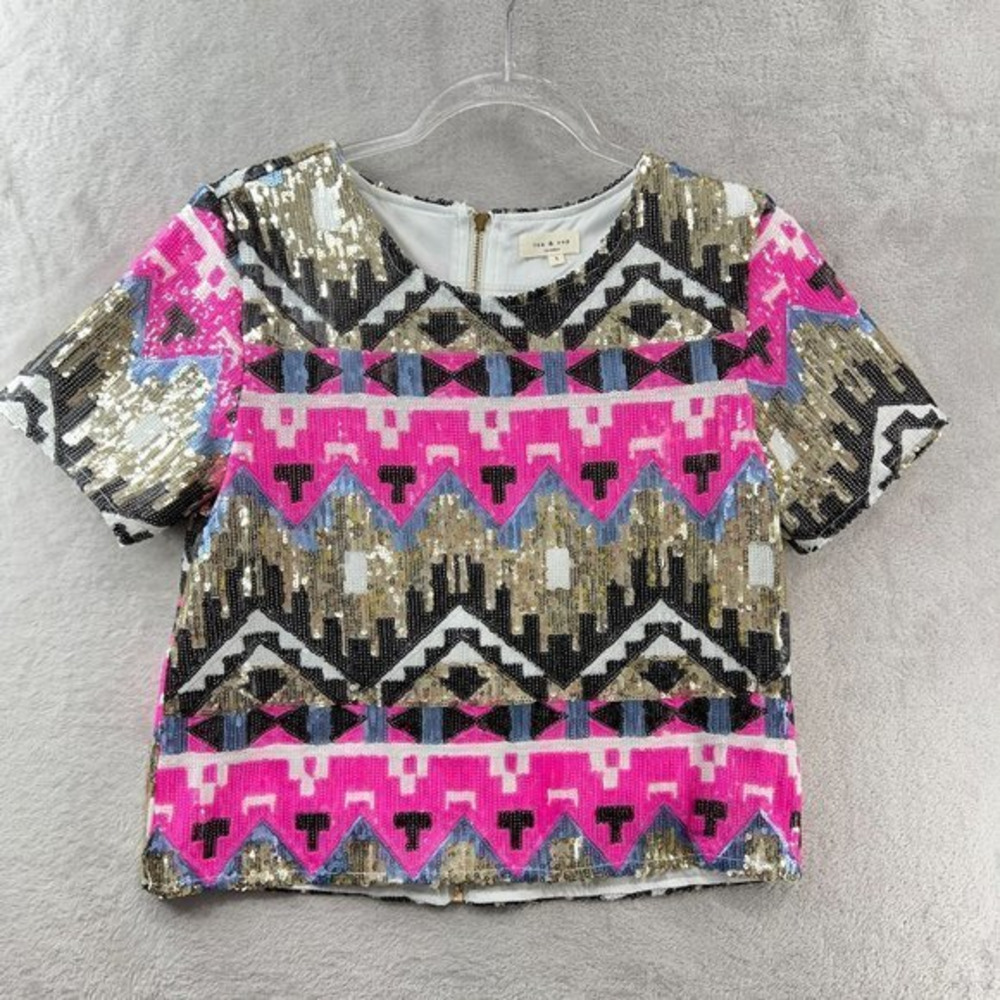 Tea & Cup Sequin Shirt Womens Small Geometric Aztec Metallic Colorful Party Top